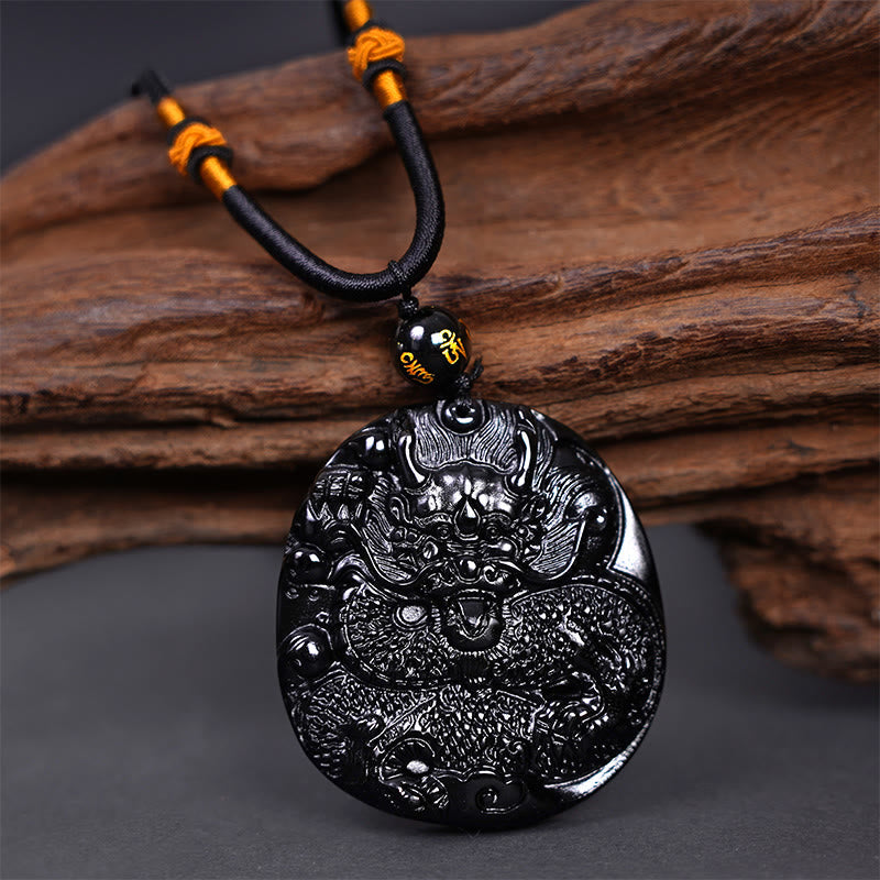 KarmaRipple's Authentic Black Obsidian Round Dragon Carved Protection Pendant Necklace p1