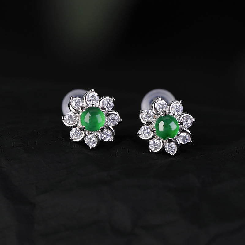 KarmaRipple's 925 Sterling Silver Round Jade Flower Prosperity Earrings p1