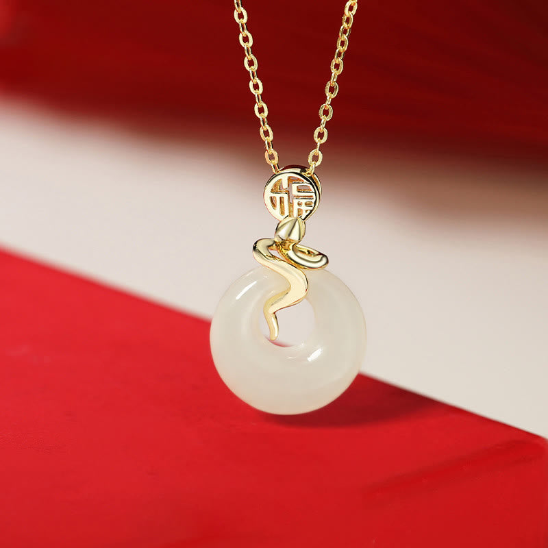 KarmaRipple's 925 Sterling Silver Hetian Jade Year Of The Snake Peace Buckle Fu Character Blessing Pendant Necklace p1