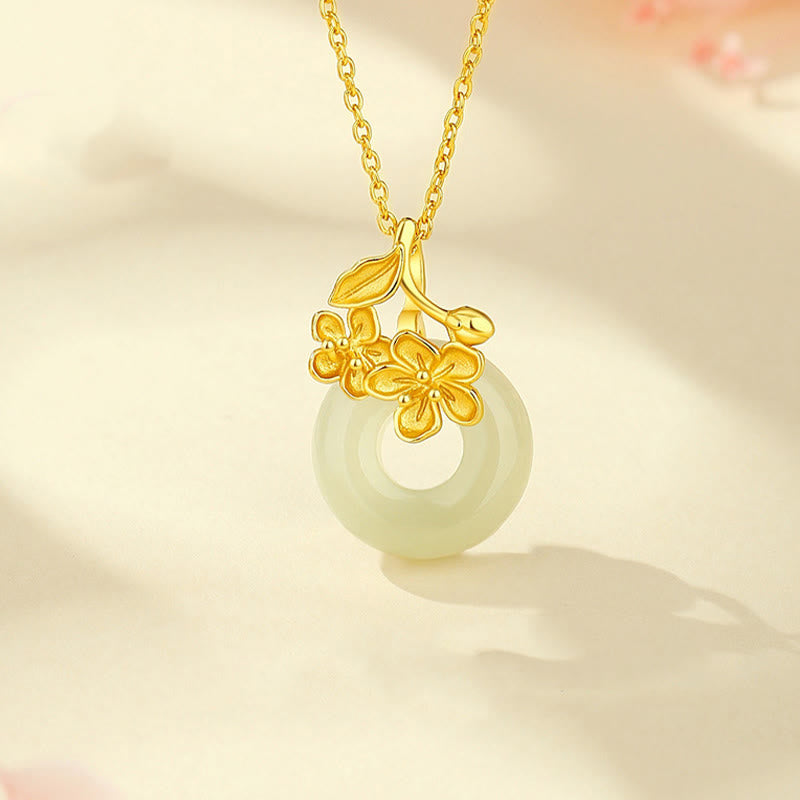 KarmaRipple's Hetian Jade 999 Sterling Silver Peace Buckle Peach Blossom Pendant Necklace p1
