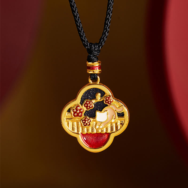 KarmaRipple's 925 Sterling Silver Plum Blossom Cat Four Leaf Clover Blessing Pendant Necklace p1