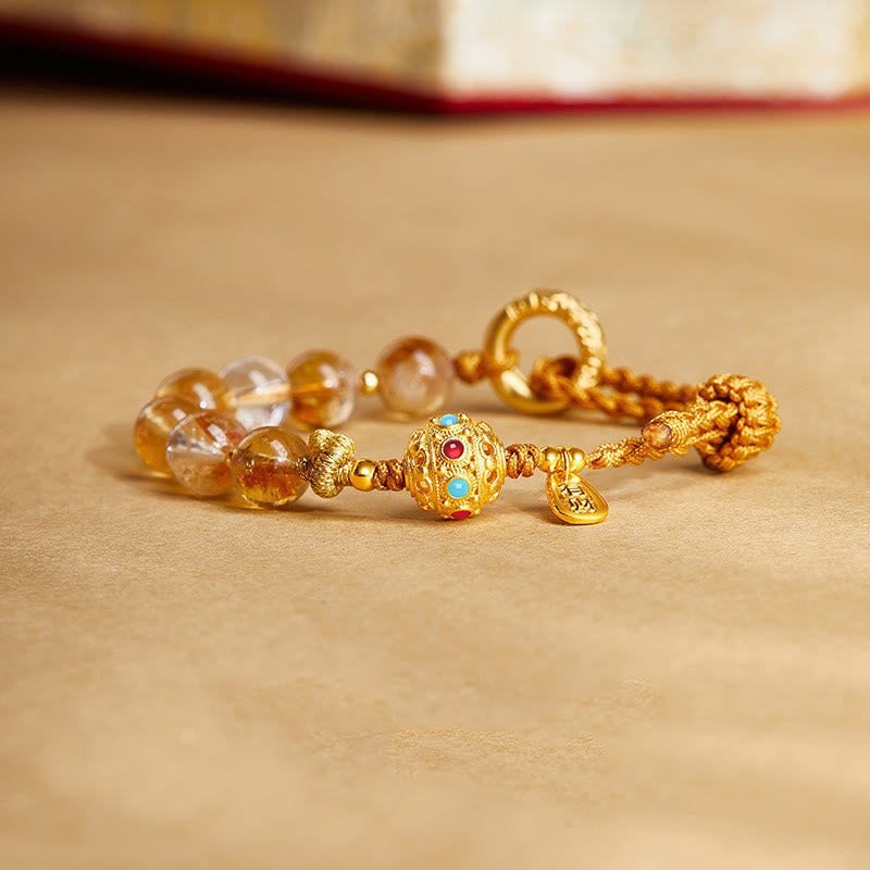 KarmaRipple's 925 Sterling Silver Authentic Citrine Ivory Gemstone Peace Buckle Meaning Fu Character Protection Woven String Bracelet p1