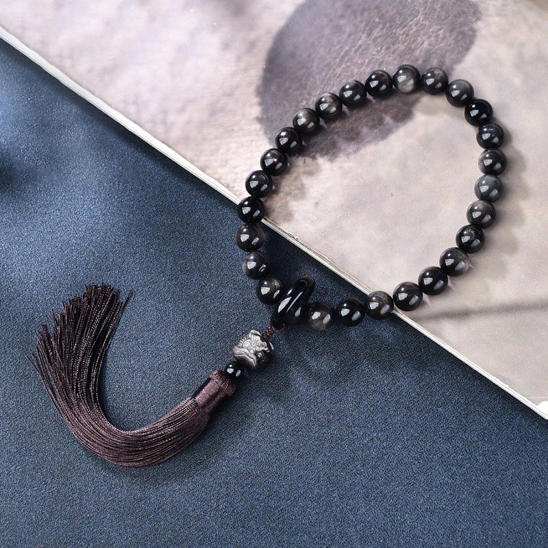 KarmaRipple's Authentic Silver Sheen Obsidian Lion Wrist Mala Protection Tassels Pocket Mala Car Decoration p1
