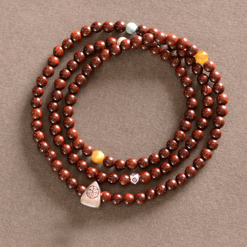 KarmaRipple's 925 Sterling Silver Indian Small Leaf Red Sandalwood Fu Character Protection Triple Wrap Bracelet p1