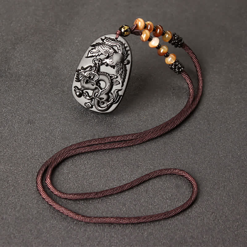 KarmaRipple's Black Obsidian Tiger Eye Dragon Phoenix Protection Beaded Pendant Necklace p1
