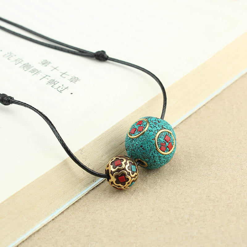 KarmaRipple's Tibetan Turquoise Double Bead Protection Strength Pendant Necklace p1