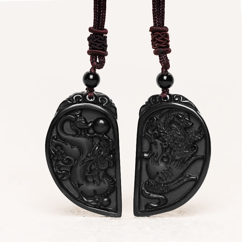 KarmaRipple's Black Obsidian Love Dragon Phoenix Protection Pendant Necklace p1