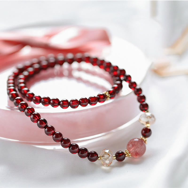 KarmaRipple's 14K Gold Plated Authentic Garnet Strawberry Quartz Stability Double Wrap Bracelet p1