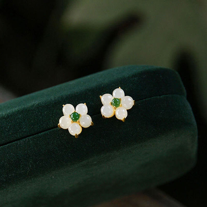 KarmaRipple's Ivory Jade Flower Fortune Blessing Stud Earrings p1
