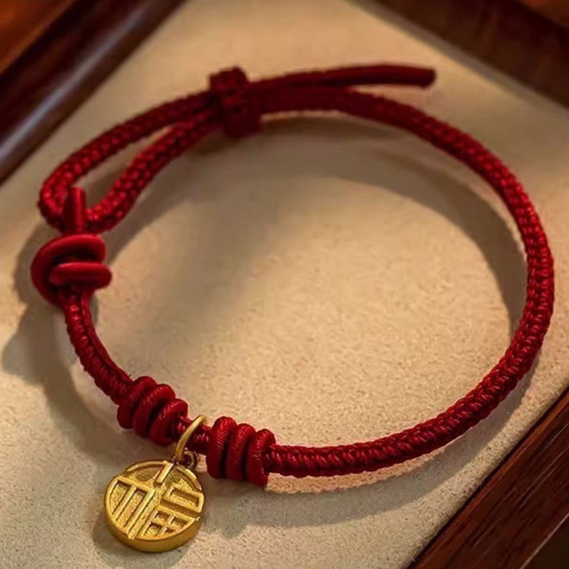 KarmaRipple's Handmade Eight Thread Peace Weave Fu Character Talisman Fortune Happiness Red Rope Bracelet p1