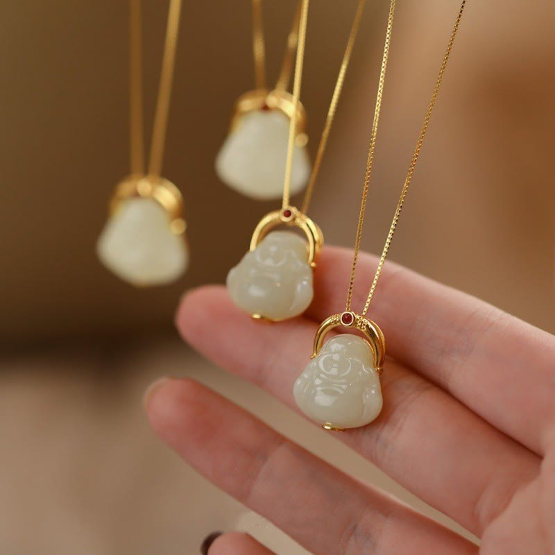 KarmaRipple's 925 Sterling Silver Authentic Hetian Jade Laughing Buddha Abundance Chain Pendant Necklace p1