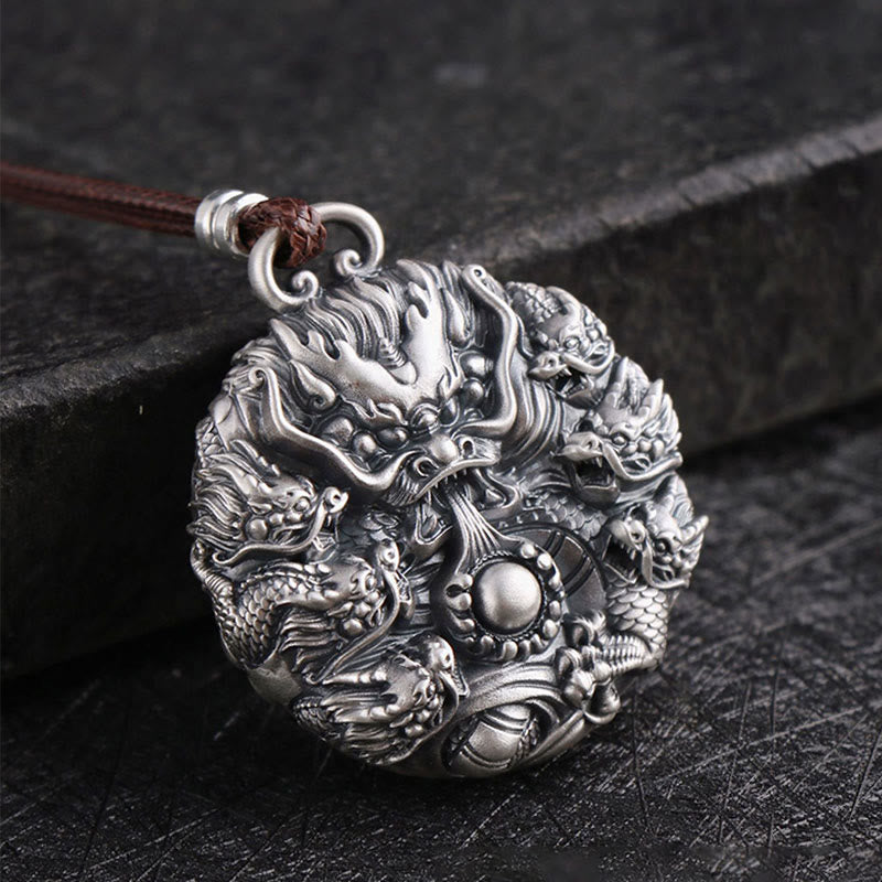 KarmaRipple's 999 Sterling Silver Nine Dragons Playing With A Pearl Fortune Protection Pendant Necklace p1