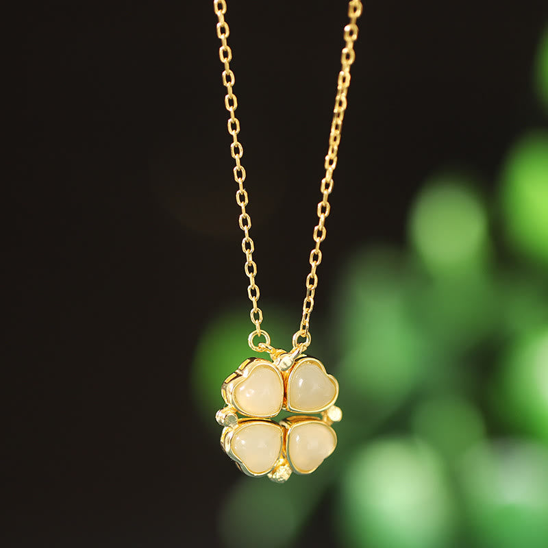 KarmaRipple's 925 Sterling Silver Four Leaf Clover Ivory Jade Red Agate Abundance Pendant Necklace p1