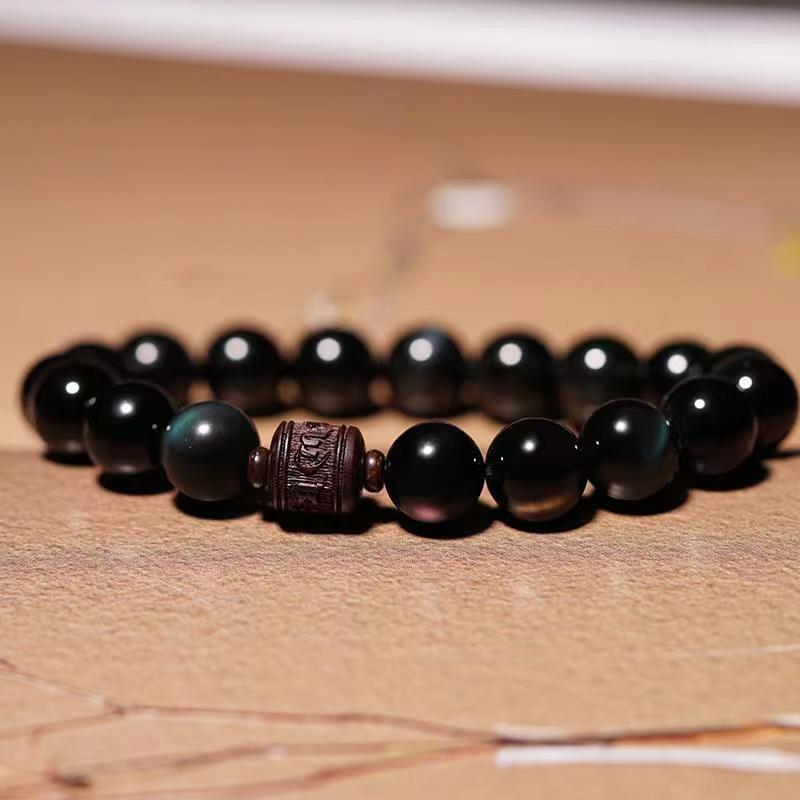 KarmaRipple's Authentic Gold Sheen Obsidian Rainbow Obsidian Om Mani Padme Hum Fu Character Balancing Bracelet p57