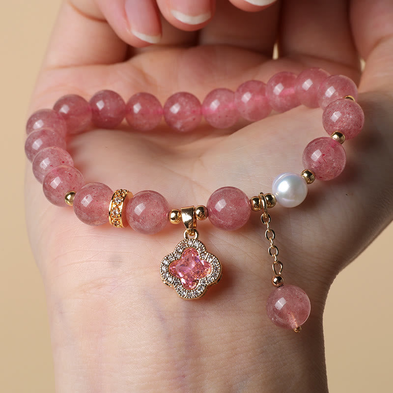 KarmaRipple's Strawberry Quartz Pearl Four Leaf Clover Talisman Balancing Bracelet p5