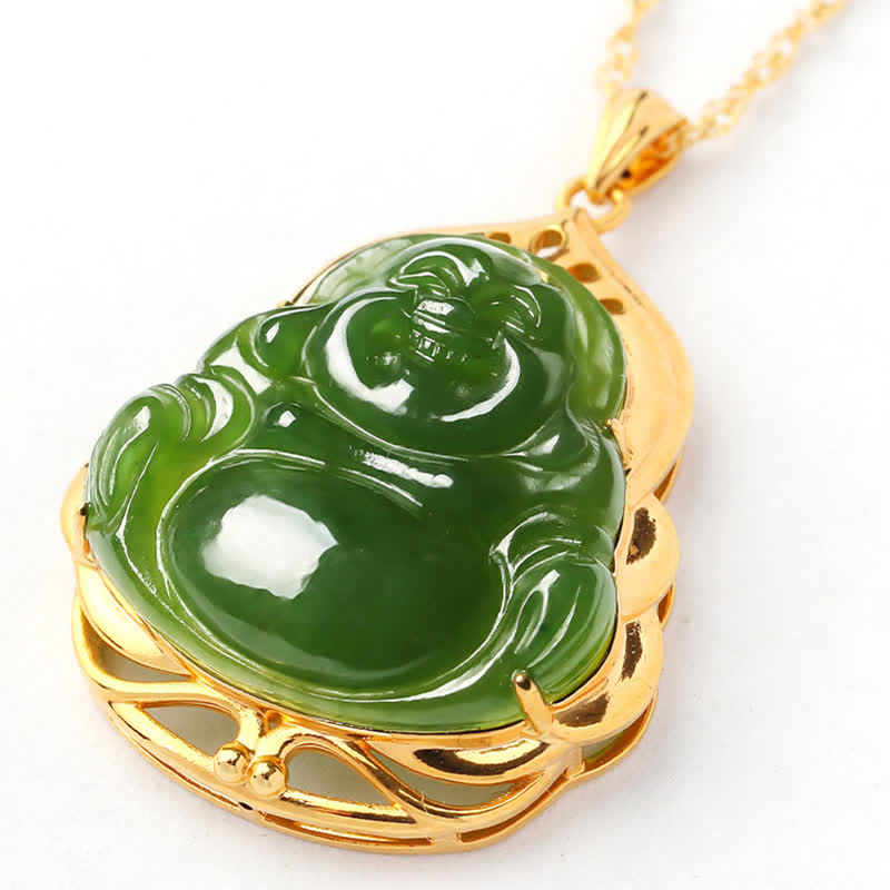 KarmaRipple's 925 Sterling Silver Authentic Hetian Cyan Jade Laughing Buddha 18K Gold Balancing Pendant Chain Necklace p9