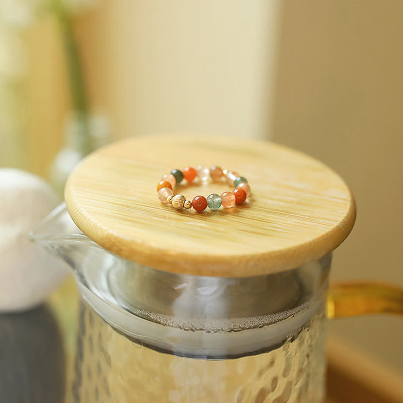 KarmaRipple's 14k Gold Plated Bronze Fu Lu Shou Gemstone Peach Moonstone Happiness Wealth Ring p16