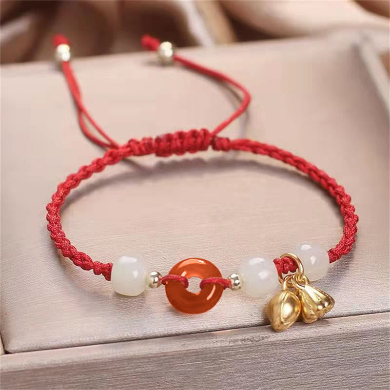 KarmaRipple's Red Agate Peace Buckle Jade Lotus Balancing Woven Bracelet p1