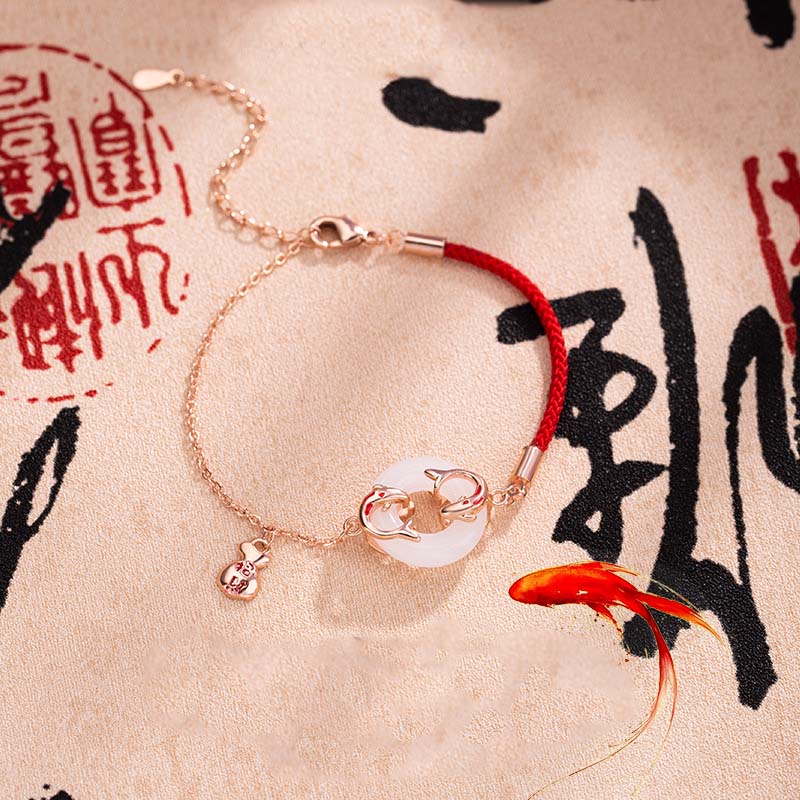 KarmaRipple's Ivory Jade Double Koi Fish Peace Buckle Attract Fortune Fortune Talisman Bracelet p1