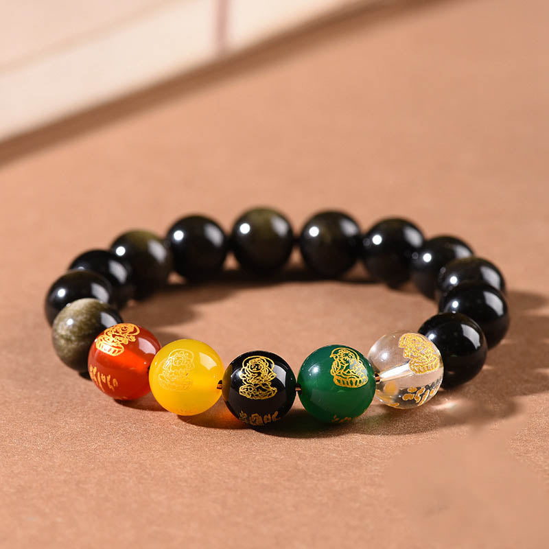 KarmaRipple's Gold Sheen Obsidian Rainbow Obsidian Black Obsidian Five Directions Gods of Wealth Bracelet p8