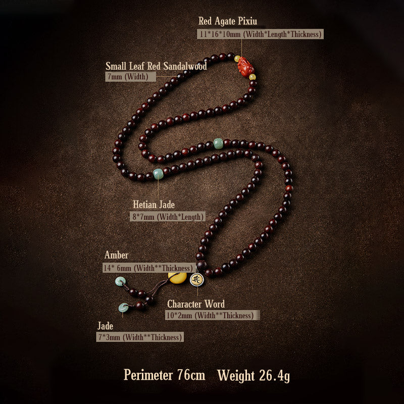 KarmaRipple's Chinese Zodiac Natal Buddha 108 Mala Beadwork Small Leaf Red Sandalwood Red Agate PiXiu Protection Bracelet p26
