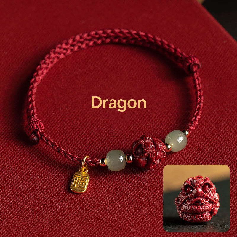 KarmaRipple's Authentic Cinnabar Chinese Zodiac Hetian Jade Fu Character Fortune Rope Bracelet p40