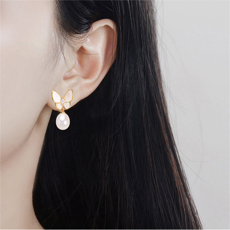 KarmaRipple's 925 Sterling Silver Posts 18K Gold Plated Bronze Pearl Butterfly Optimism Stud Earrings p8