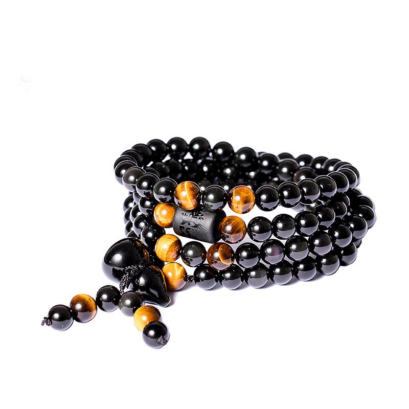 KarmaRipple's Authentic Black Obsidian Rainbow Obsidian Gourd Blessing Bracelet Mala p7
