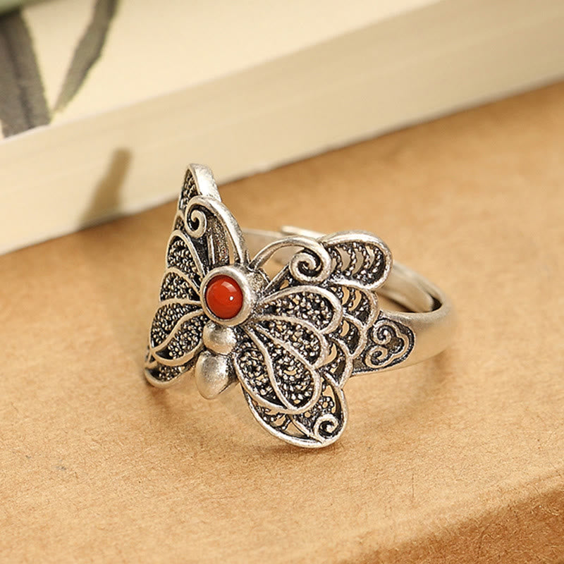 KarmaRipple's 925 Sterling Silver Red Agate Butterfly Self-acceptance Ring Earrings Set p4