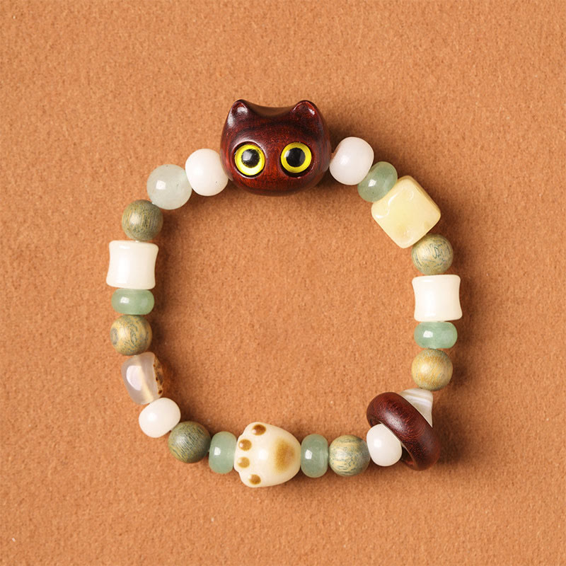 KarmaRipple's Bodhi Seed Green Sandalwood Ebony Wood Small Leaf Red Sandalwood Cat Head Paw Claw Peace Bracelet p2