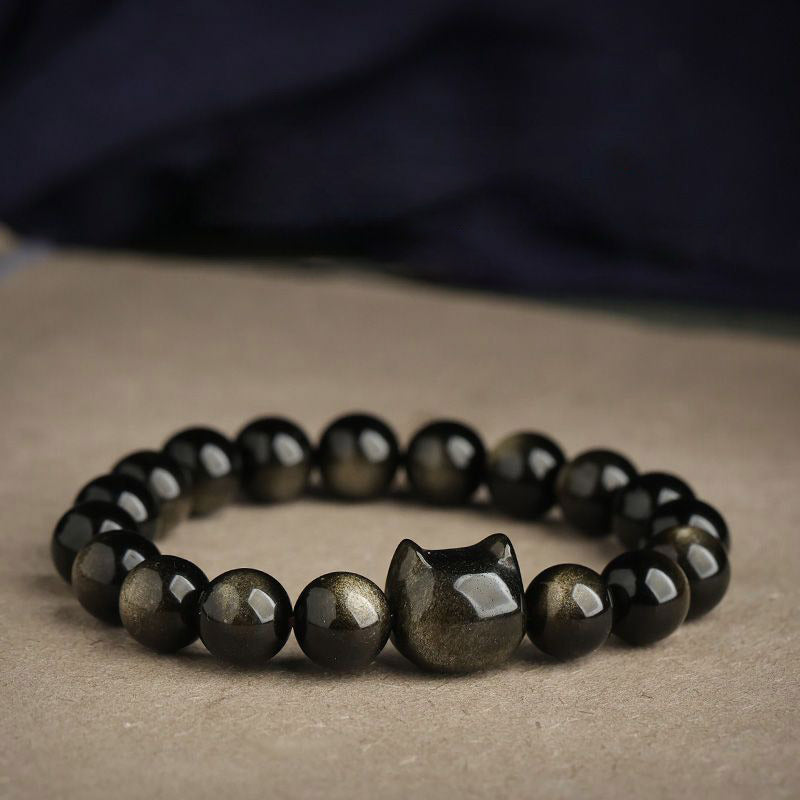 KarmaRipple's Gold Sheen Obsidian Silver Sheen Obsidian Lovely Paw Fortunate Cat Protection Bracelet p1