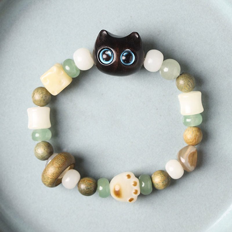 KarmaRipple's Bodhi Seed Green Sandalwood Ebony Wood Small Leaf Red Sandalwood Cat Head Paw Claw Peace Bracelet p7