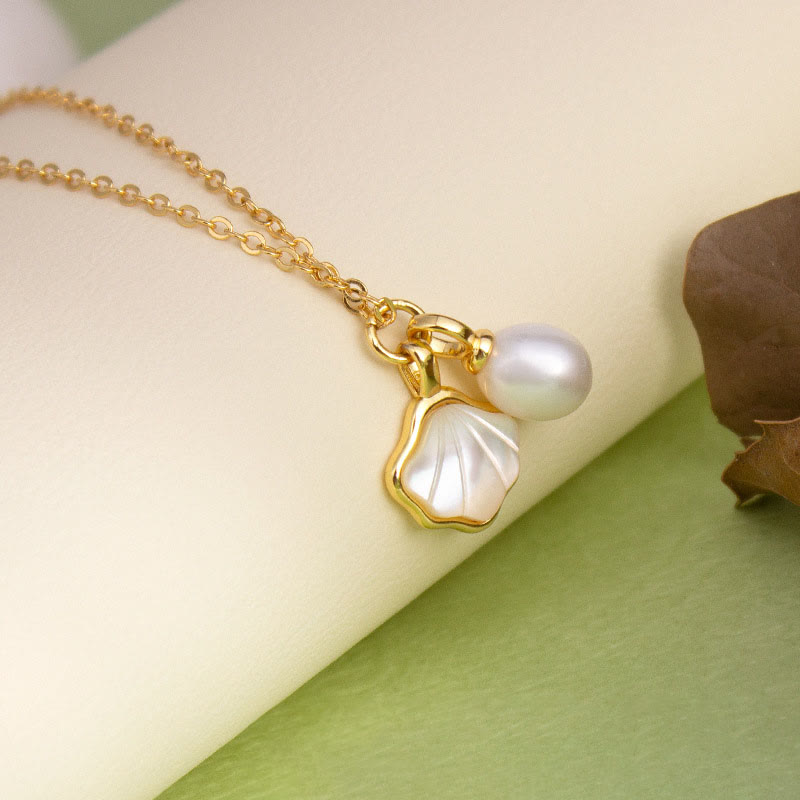 KarmaRipple's Ginkgo Tridacna Stone Pearl Bead Bronze Blessing Pendant Necklace Ring Earrings Set p2