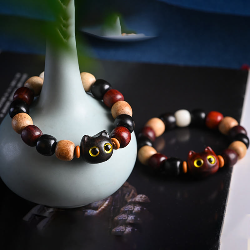 KarmaRipple's Small Leaf Red Sandalwood Ebony Wood Cute Cat Engraved Protection Bracelet p20