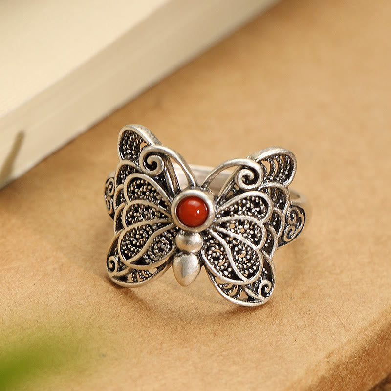 KarmaRipple's 925 Sterling Silver Red Agate Butterfly Self-acceptance Ring Earrings Set p26