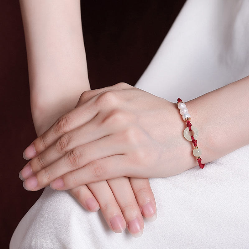 KarmaRipple's 925 Sterling Silver Plated Gold Hetian Jade Peace Buckle Pearl Fortune Bracelet p8