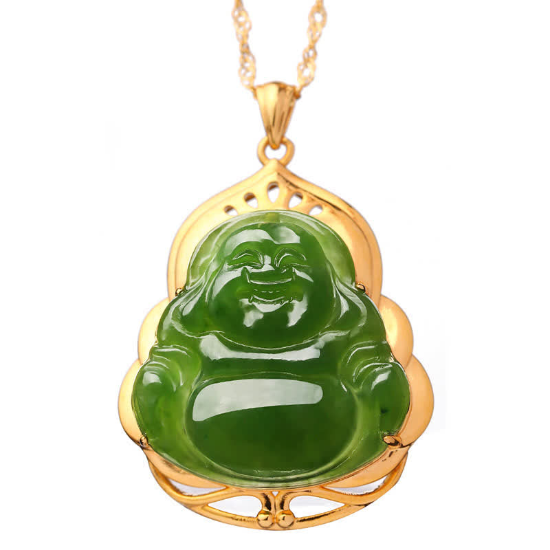 KarmaRipple's 925 Sterling Silver Authentic Hetian Cyan Jade Laughing Buddha 18K Gold Balancing Pendant Chain Necklace p11