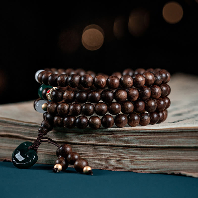 KarmaRipple's 108 Mala Beadwork Kalimantan Agarwood Laughing Buddha Peace Buckle Red Agate Jade Strength Bracelet p10