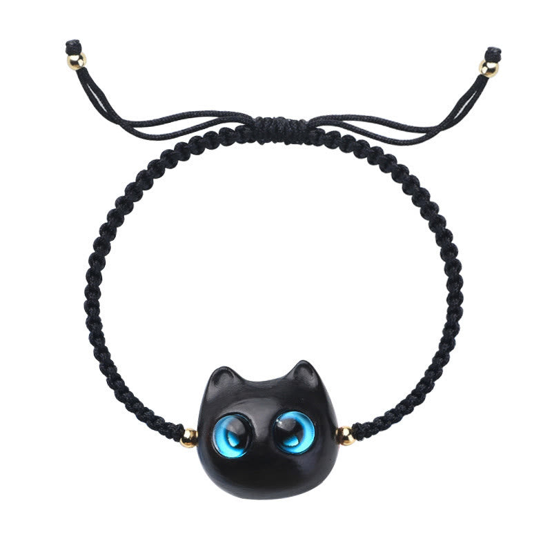 KarmaRipple's Small Leaf Red Sandalwood Ebony Wood Cute Cat Head Calm Protection Woven Bracelet p17