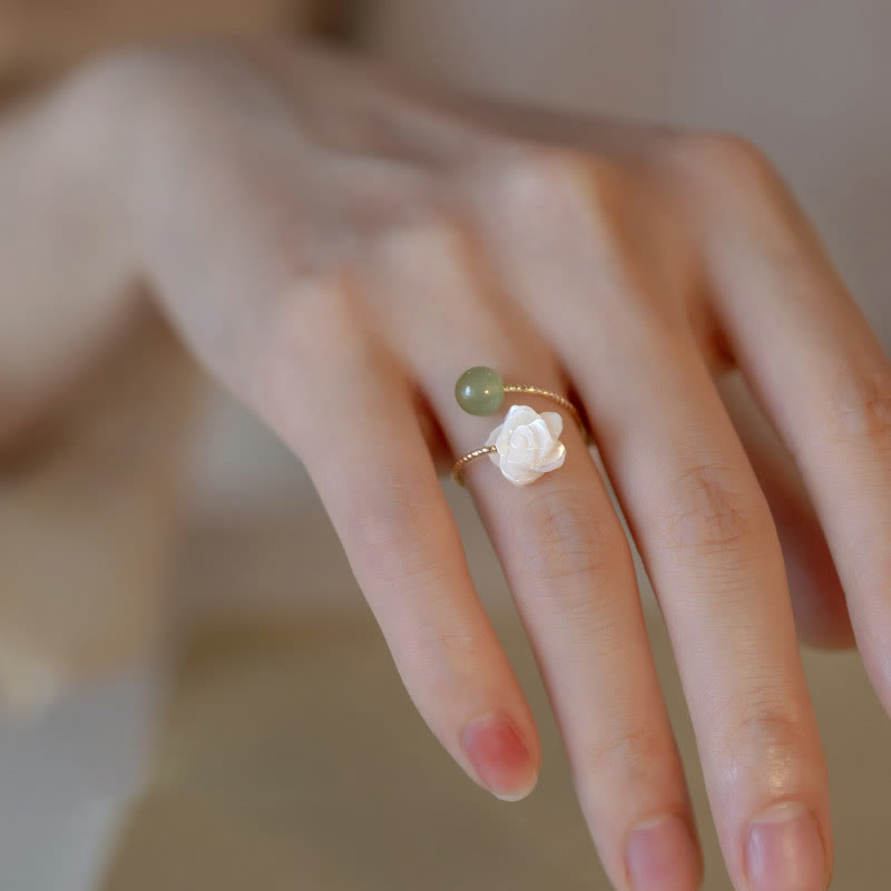 KarmaRipple's 14K Gold Plated Tridacna Stone'se Flower Jade Bead Blessing Ring p7