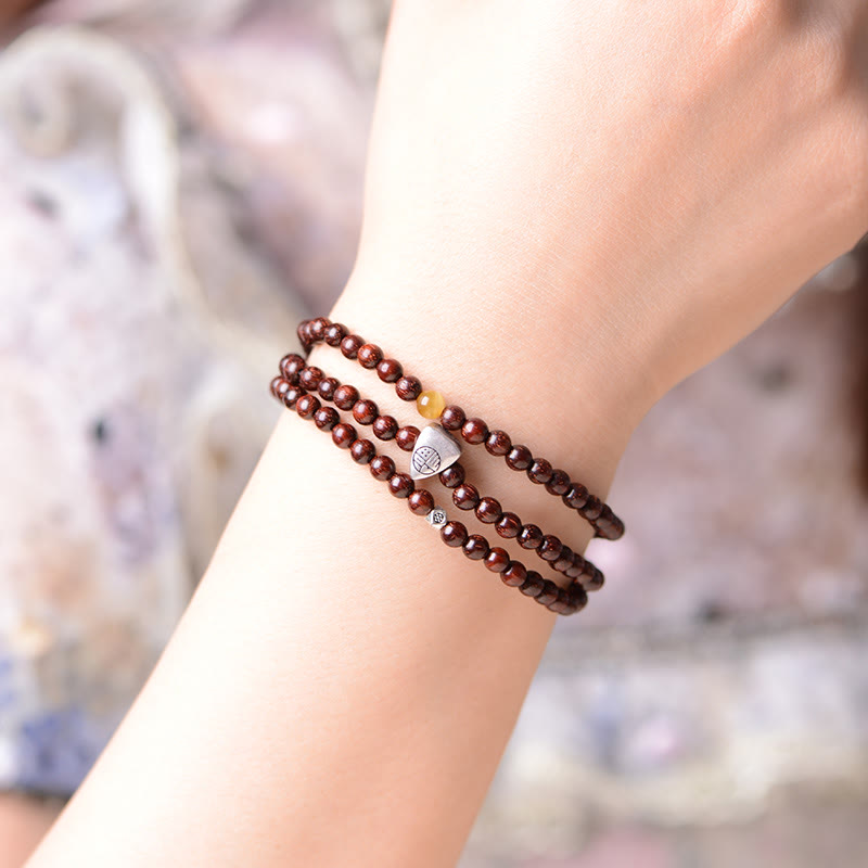 KarmaRipple's 925 Sterling Silver Indian Small Leaf Red Sandalwood Fu Character Protection Triple Wrap Bracelet p5