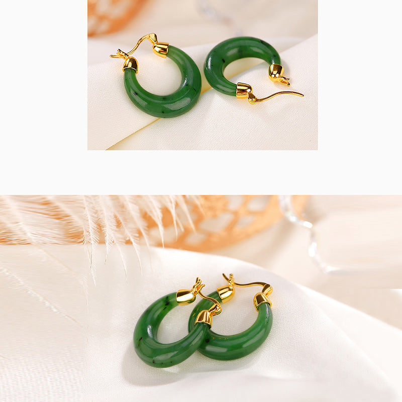 KarmaRipple's 925 Sterling Silver Plated Gold Authentic Round Hetian Cyan Jade Fortune Drop Earrings p5