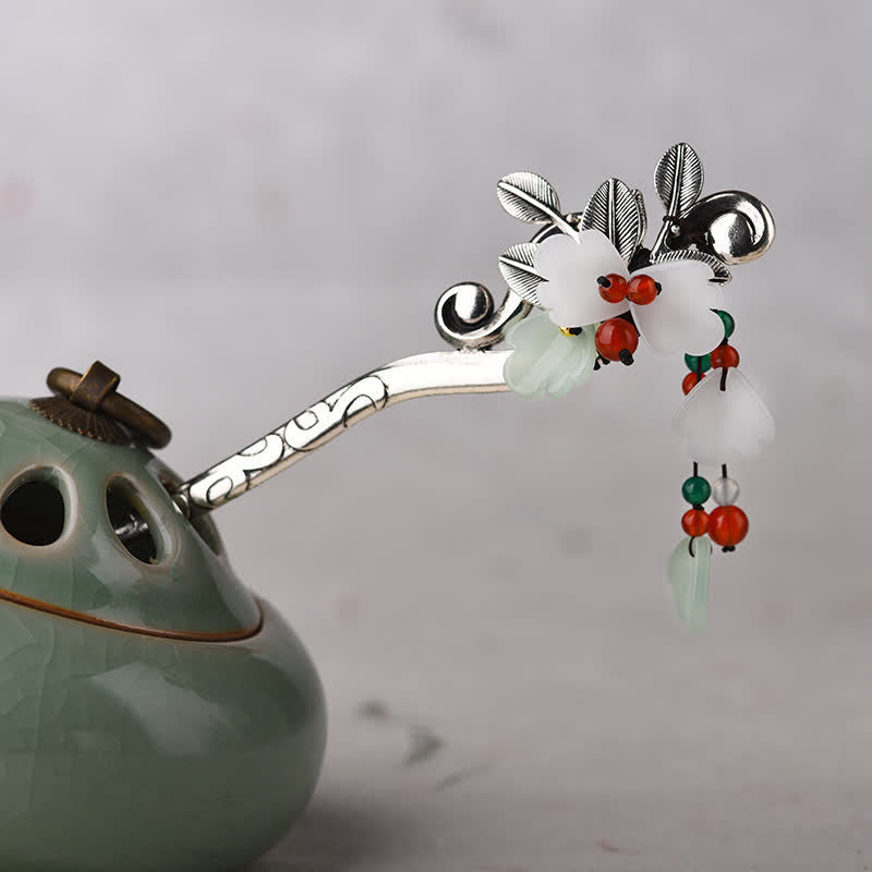 KarmaRipple's Red Agate Flower Leaf Calm Confidence Tassel Hairpin p1