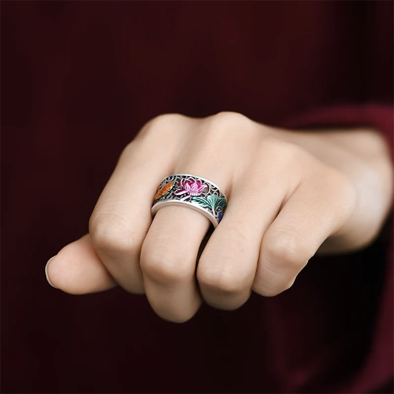 KarmaRipple's Bronze Blue Enamel Lotus Heart Sutra Koi Fish Fortune Ring p5