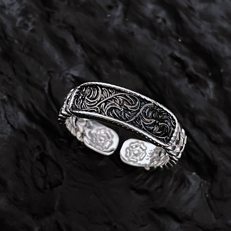 KarmaRipple's Tang Dynasty Flower Design Engraved Bronze Fortune Cuff Bracelet Bangle Adjustable Ring p4