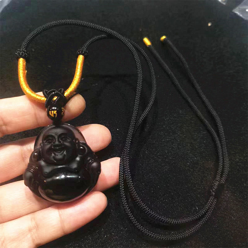 KarmaRipple's Authentic Black Obsidian Ice Obsidian Laughing Buddha Purification Pendant Necklace p4