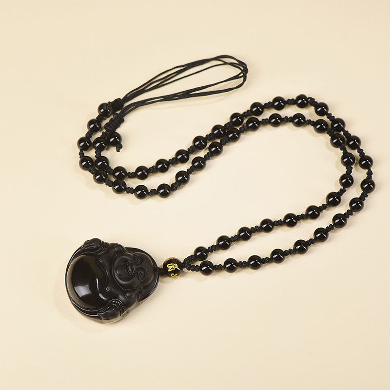 KarmaRipple's Authentic Black Obsidian Ice Obsidian Laughing Buddha Purification Pendant Necklace p27