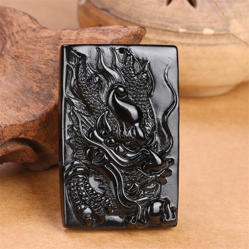 KarmaRipple's Authentic Black Obsidian Rectangular Dragon Engraved Success Pendant Necklace p12