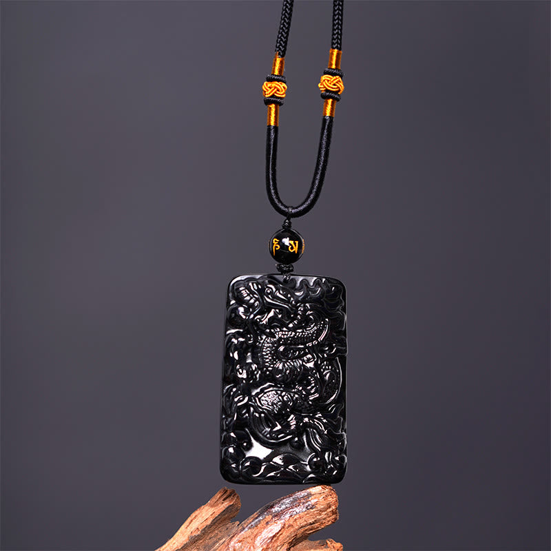 KarmaRipple's Authentic Black Obsidian Rectangular Dragon Engraved Success Pendant Necklace p5