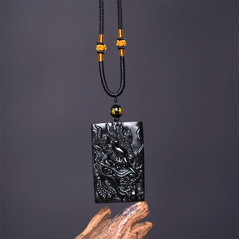 KarmaRipple's Authentic Black Obsidian Rectangular Dragon Engraved Success Pendant Necklace p10